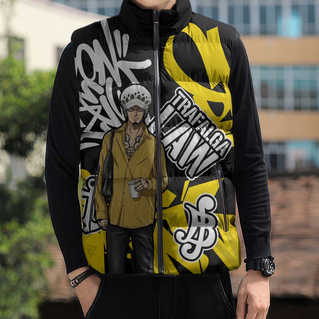 Trafalgar Law One Piece Sleeveless Puffer Jacket Graffiti Street Art Anime Collage