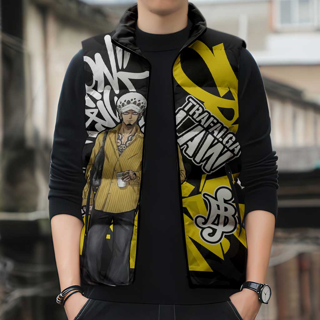 Trafalgar Law One Piece Sleeveless Puffer Jacket Graffiti Street Art Anime Collage