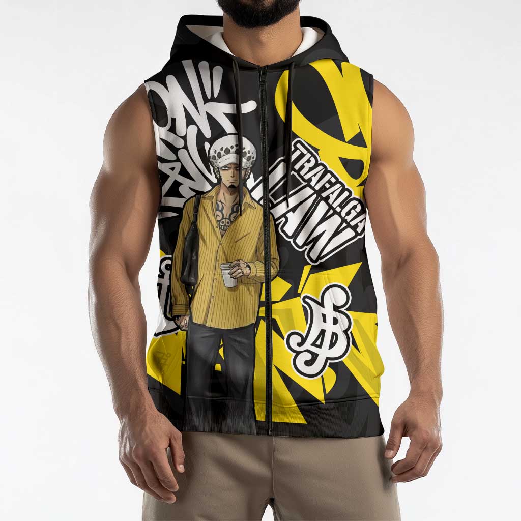 Trafalgar Law One Piece Sleeveless Zip Hoodie Graffiti Street Art Anime Collage