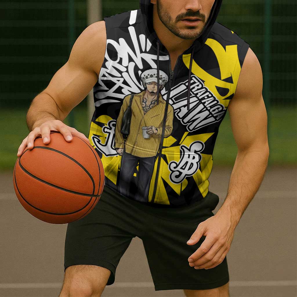 Trafalgar Law One Piece Sleeveless Zip Hoodie Graffiti Street Art Anime Collage