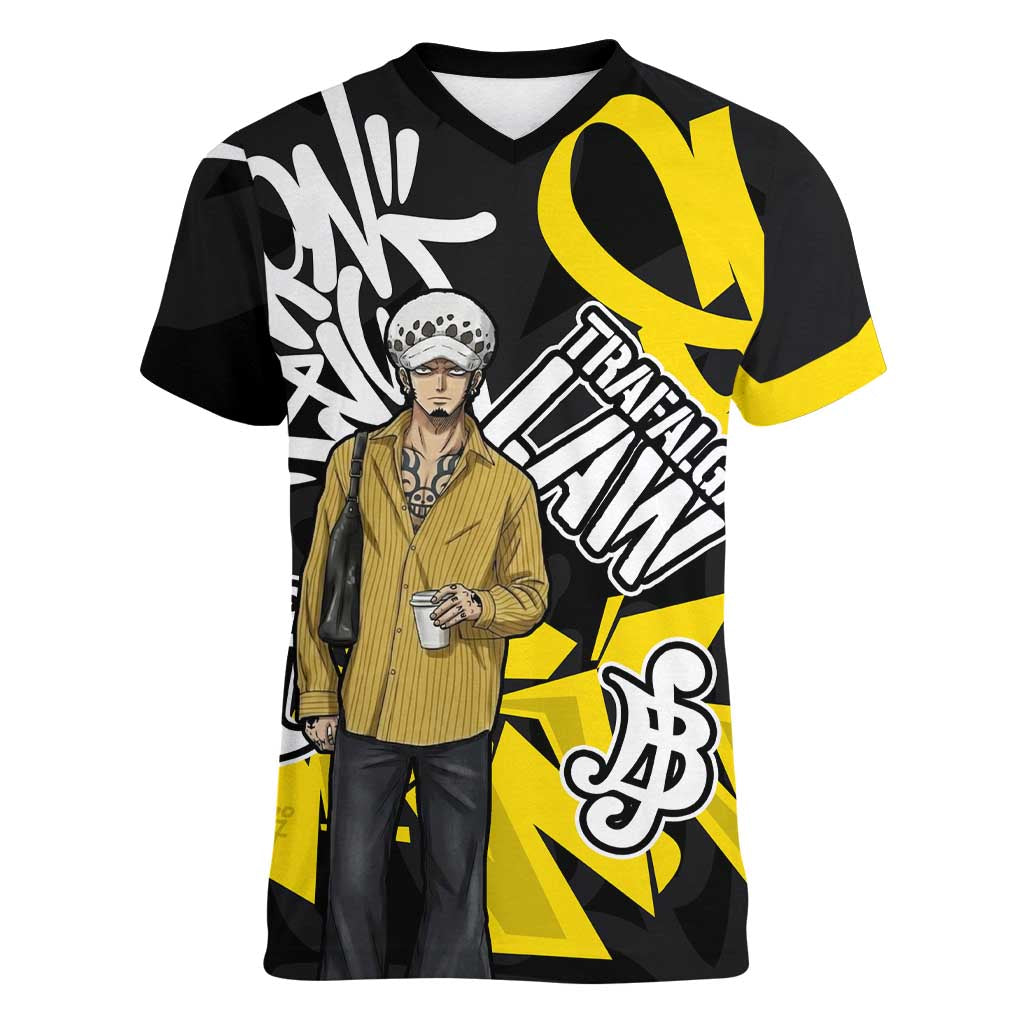 Trafalgar Law One Piece Women V-Neck T-Shirt Graffiti Street Art Anime Collage