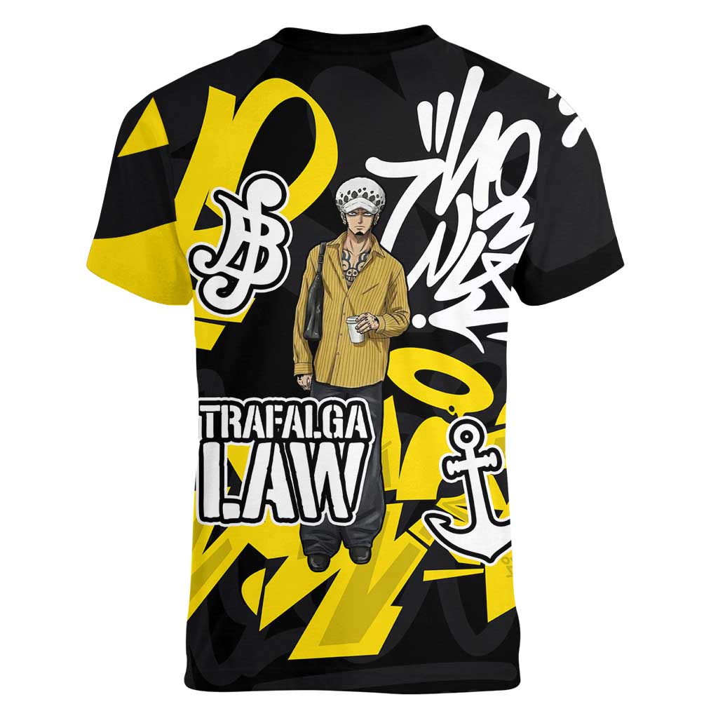 Trafalgar Law One Piece Women V-Neck T-Shirt Graffiti Street Art Anime Collage