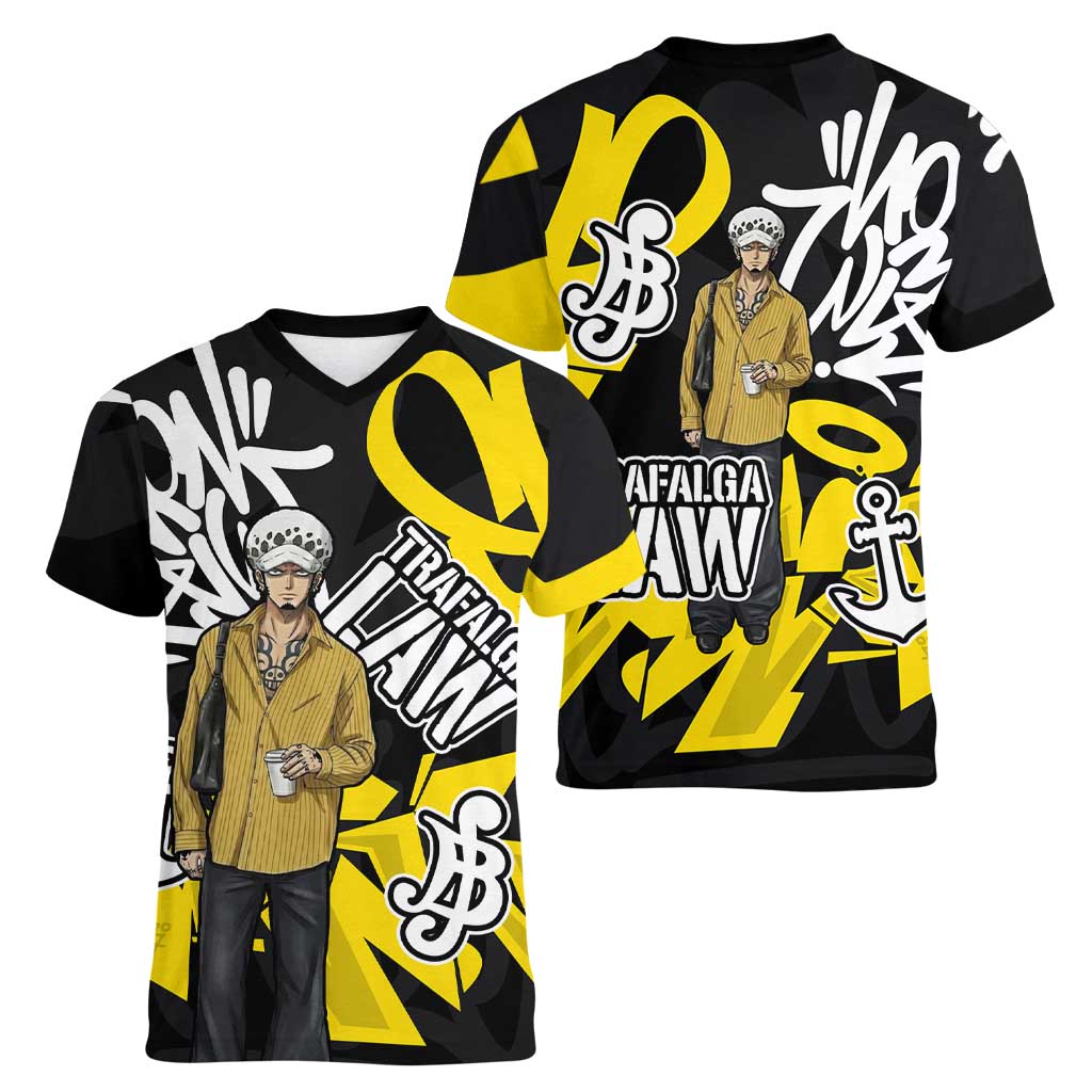 Trafalgar Law One Piece Women V-Neck T-Shirt Graffiti Street Art Anime Collage