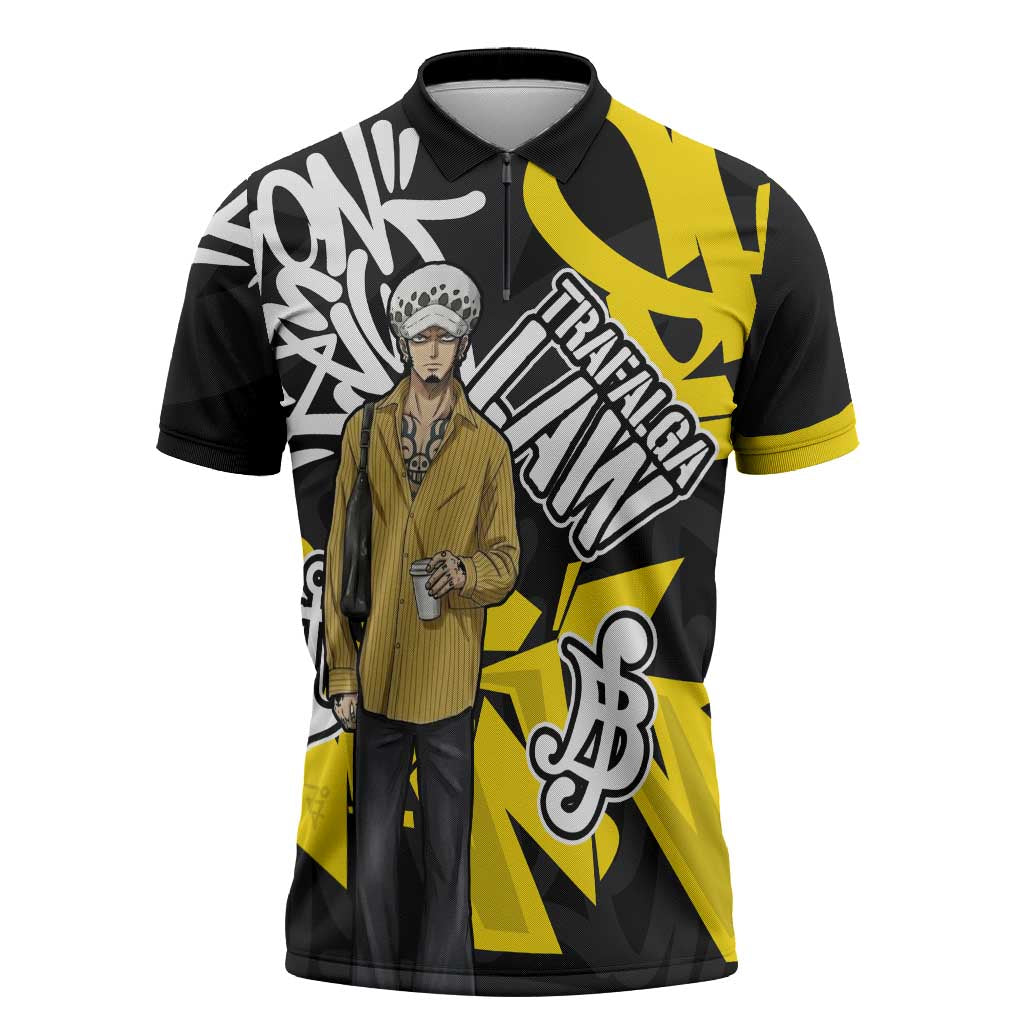 Trafalgar Law One Piece Zipper Polo Shirt Graffiti Street Art Anime Collage