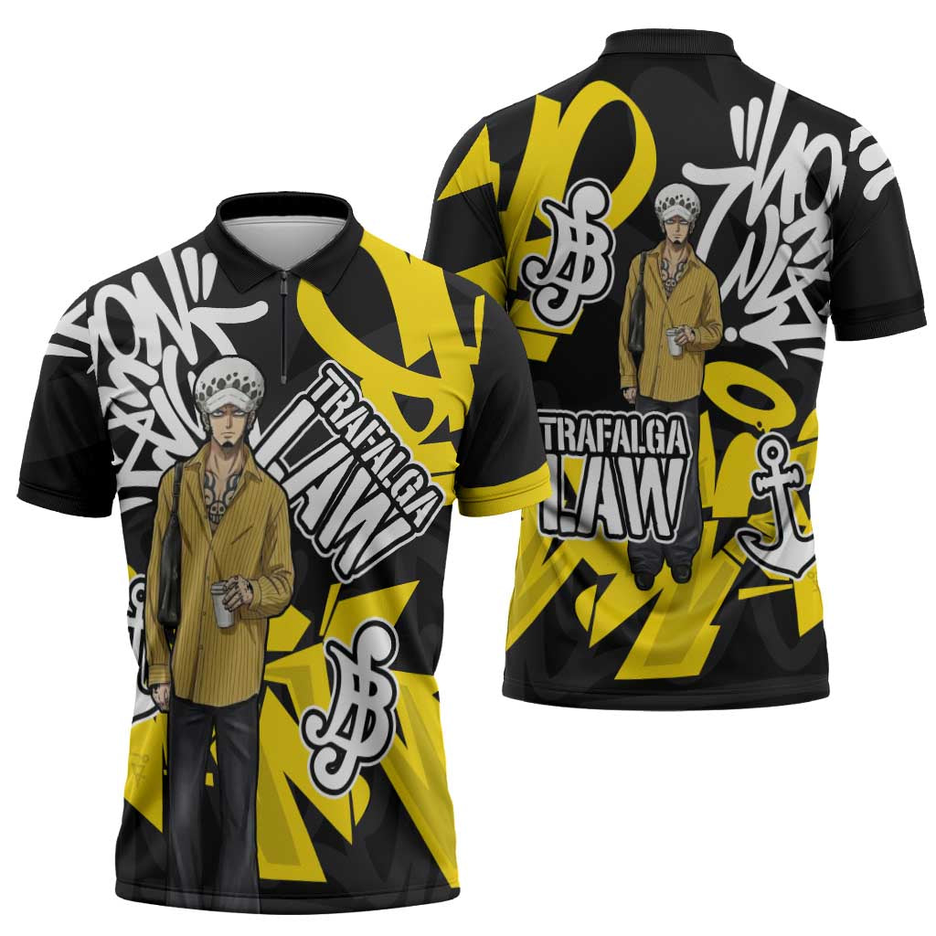 Trafalgar Law One Piece Zipper Polo Shirt Graffiti Street Art Anime Collage