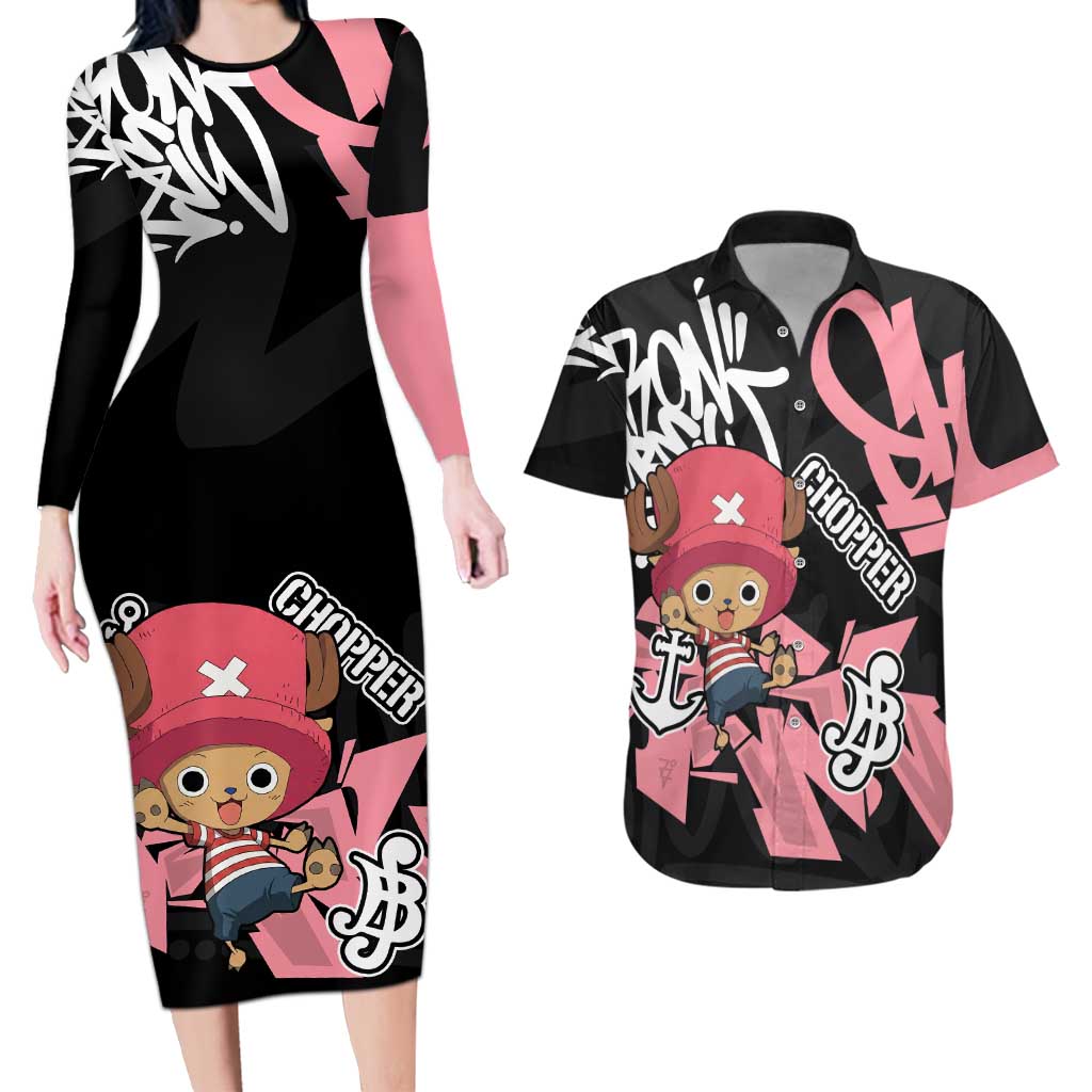 Tony Tony Chopper One Piece Couples Matching Long Sleeve Bodycon Dress and Hawaiian Shirt Graffiti Street Art Anime Collage
