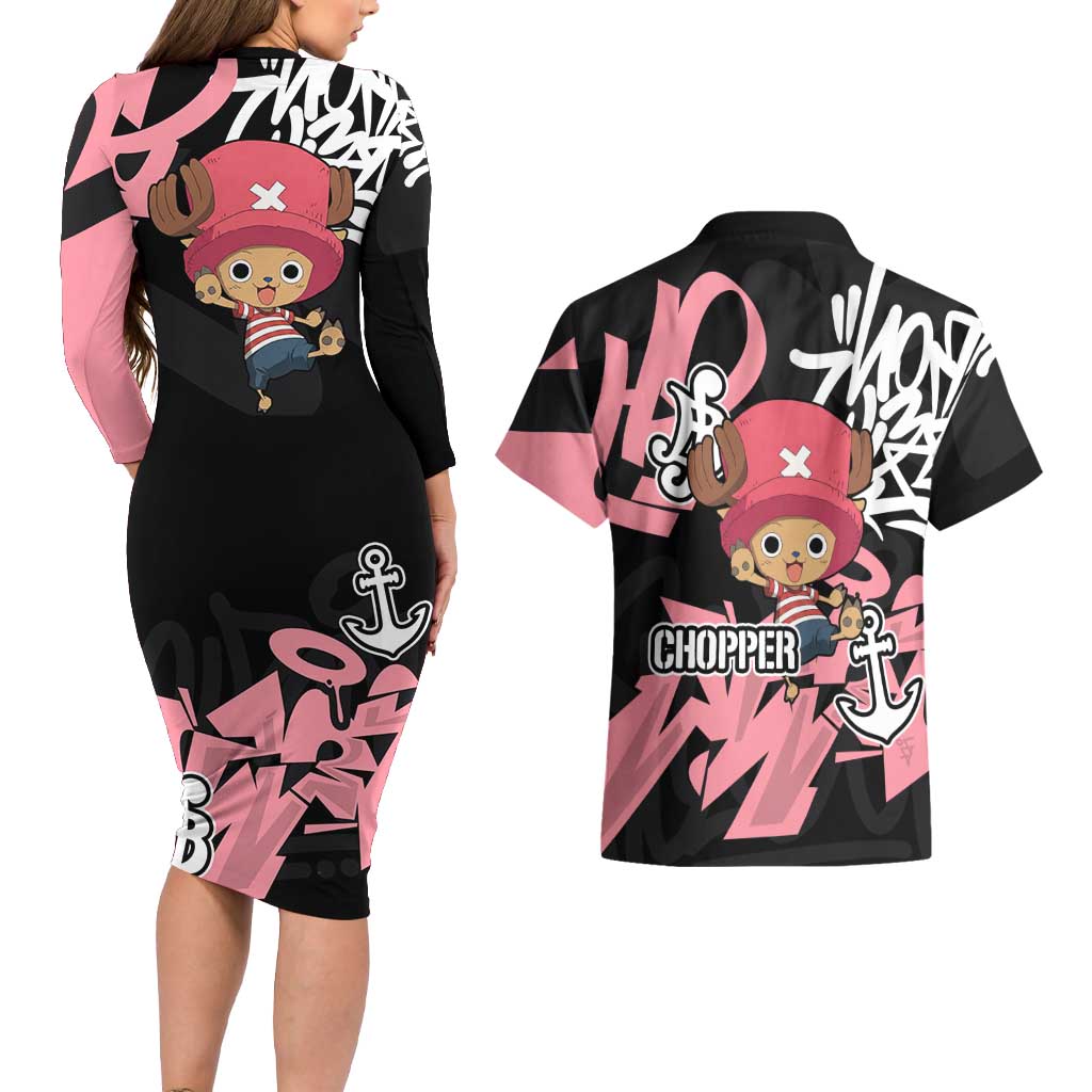 Tony Tony Chopper One Piece Couples Matching Long Sleeve Bodycon Dress and Hawaiian Shirt Graffiti Street Art Anime Collage