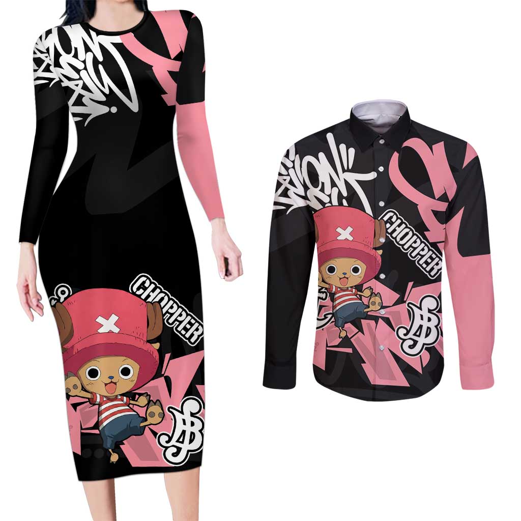 Tony Tony Chopper One Piece Couples Matching Long Sleeve Bodycon Dress and Long Sleeve Button Shirt Graffiti Street Art Anime Collage
