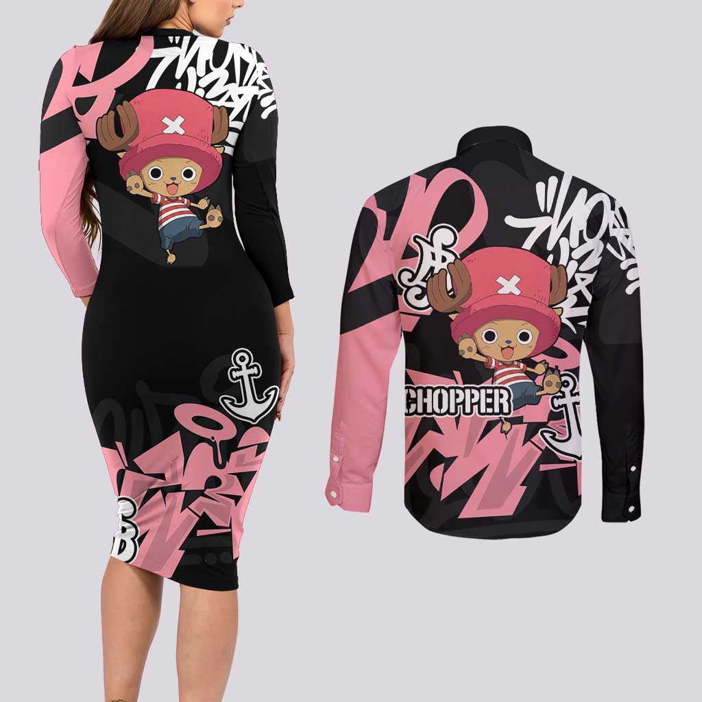 Tony Tony Chopper One Piece Couples Matching Long Sleeve Bodycon Dress and Long Sleeve Button Shirt Graffiti Street Art Anime Collage