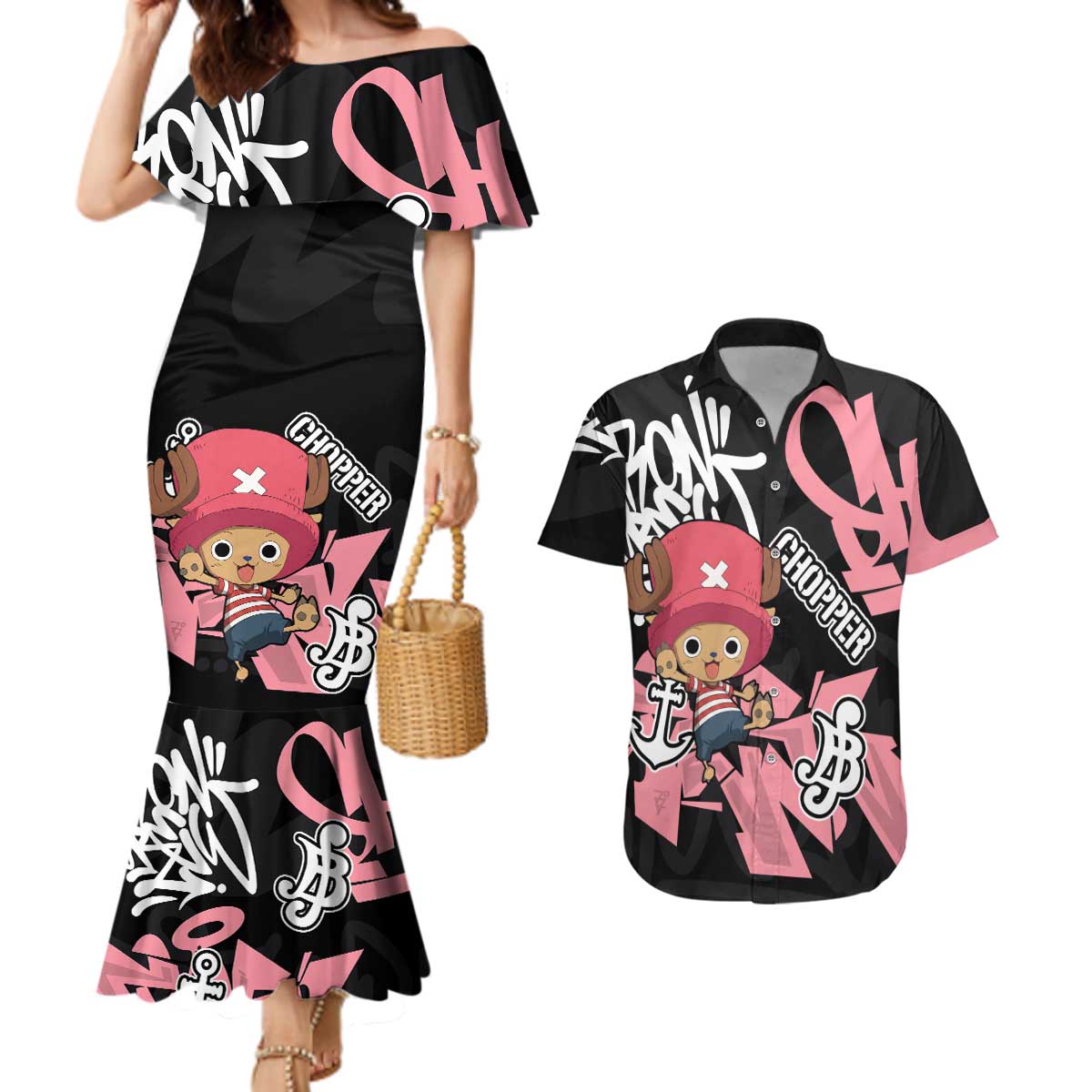 Tony Tony Chopper One Piece Couples Matching Mermaid Dress and Hawaiian Shirt Graffiti Street Art Anime Collage