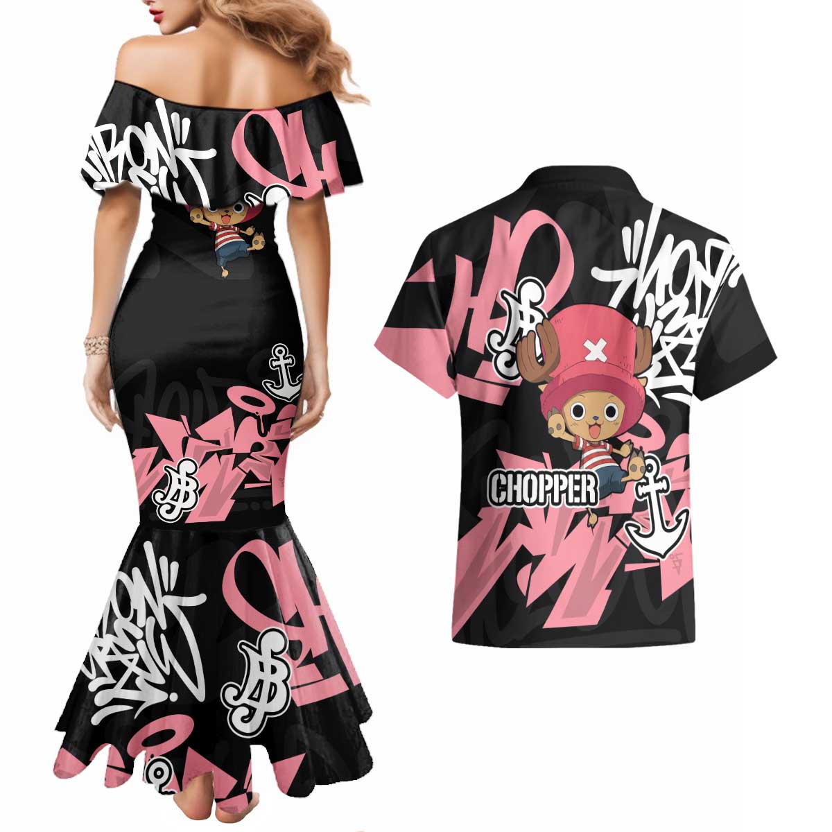 Tony Tony Chopper One Piece Couples Matching Mermaid Dress and Hawaiian Shirt Graffiti Street Art Anime Collage