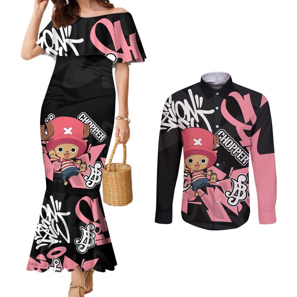 Tony Tony Chopper One Piece Couples Matching Mermaid Dress and Long Sleeve Button Shirt Graffiti Street Art Anime Collage