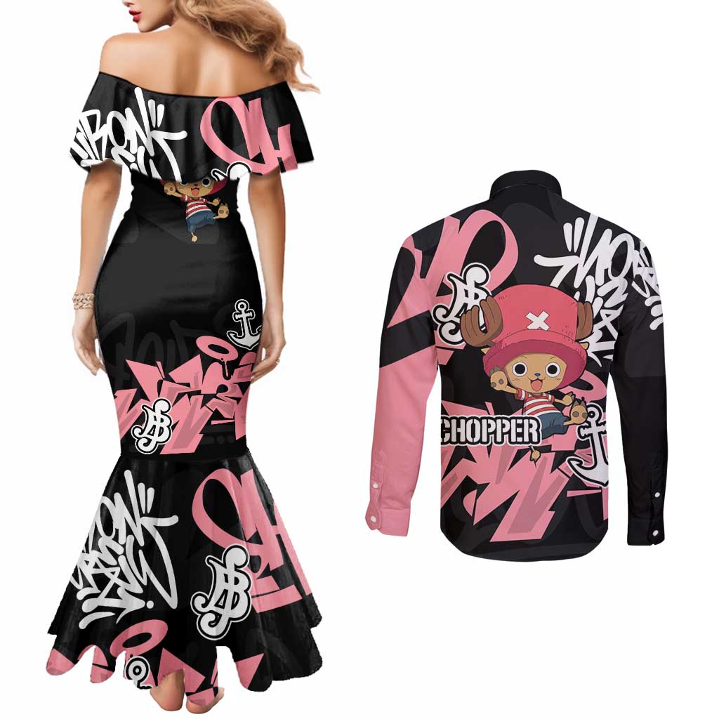 Tony Tony Chopper One Piece Couples Matching Mermaid Dress and Long Sleeve Button Shirt Graffiti Street Art Anime Collage