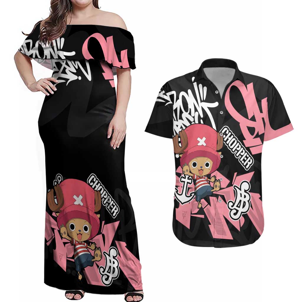 Tony Tony Chopper One Piece Couples Matching Off Shoulder Maxi Dress and Hawaiian Shirt Graffiti Street Art Anime Collage