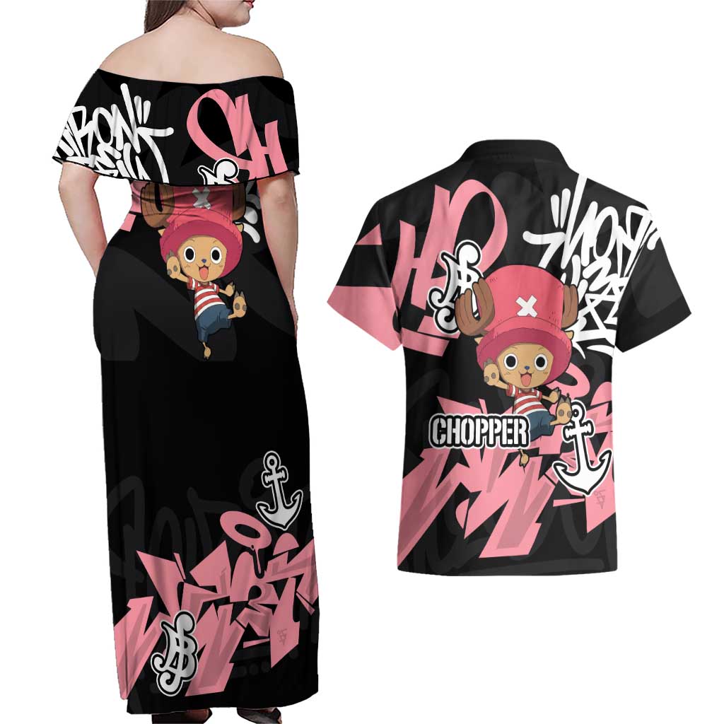 Tony Tony Chopper One Piece Couples Matching Off Shoulder Maxi Dress and Hawaiian Shirt Graffiti Street Art Anime Collage