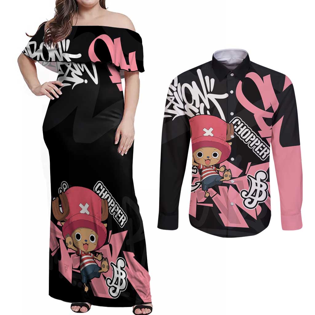 Tony Tony Chopper One Piece Couples Matching Off Shoulder Maxi Dress and Long Sleeve Button Shirt Graffiti Street Art Anime Collage