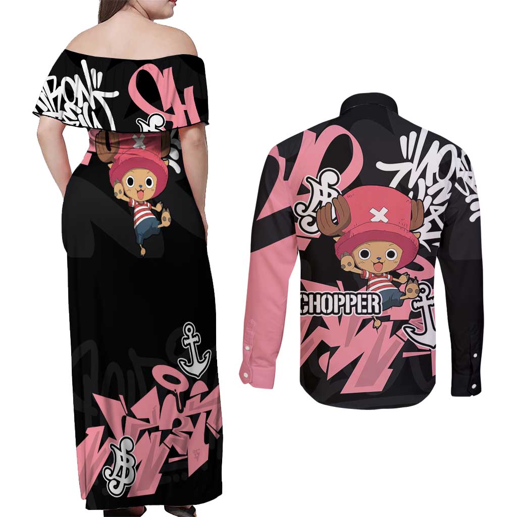 Tony Tony Chopper One Piece Couples Matching Off Shoulder Maxi Dress and Long Sleeve Button Shirt Graffiti Street Art Anime Collage