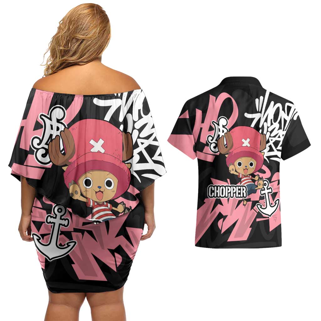Tony Tony Chopper One Piece Couples Matching Off Shoulder Short Dress and Hawaiian Shirt Graffiti Street Art Anime Collage