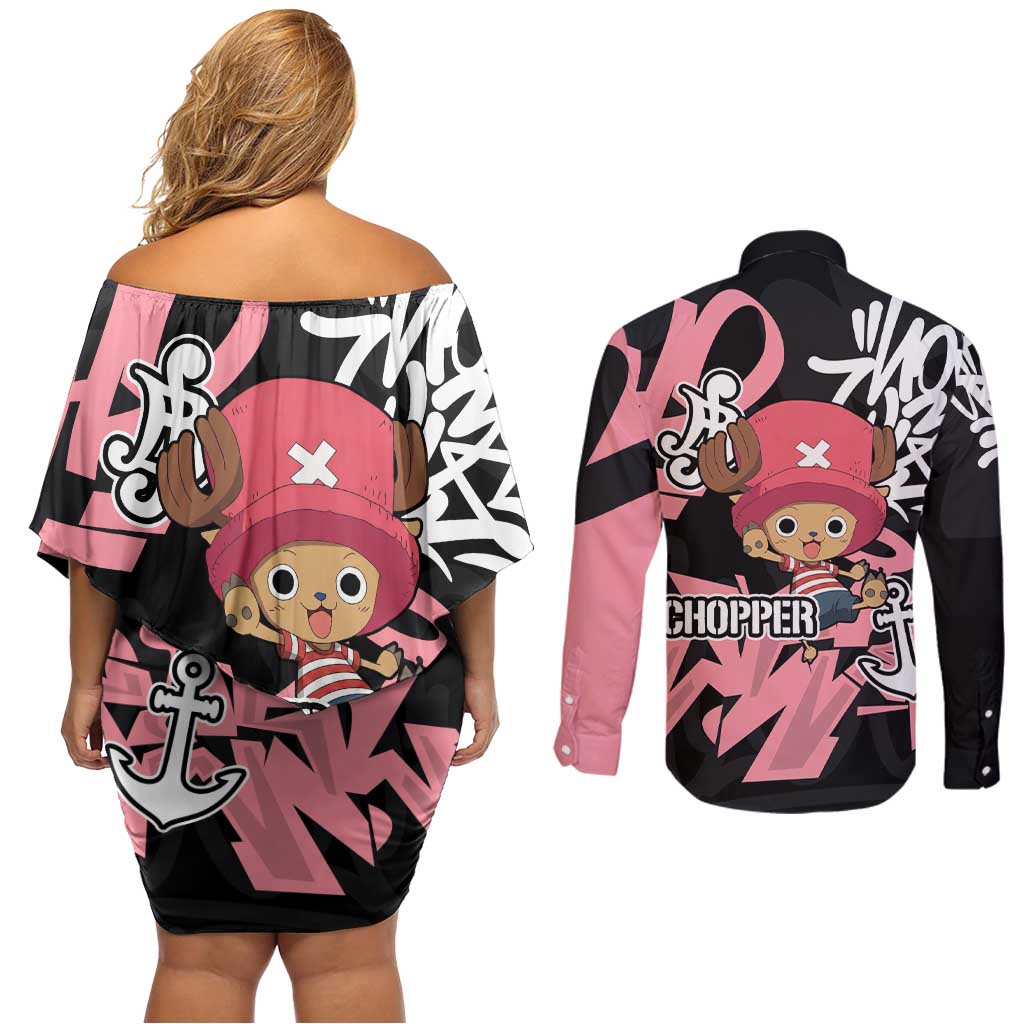 Tony Tony Chopper One Piece Couples Matching Off Shoulder Short Dress and Long Sleeve Button Shirt Graffiti Street Art Anime Collage