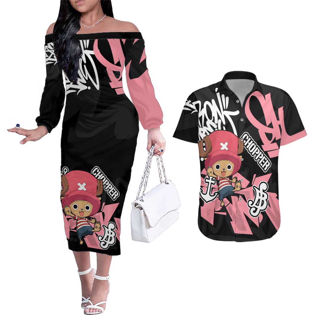 Tony Tony Chopper One Piece Couples Matching Off The Shoulder Long Sleeve Dress and Hawaiian Shirt Graffiti Street Art Anime Collage
