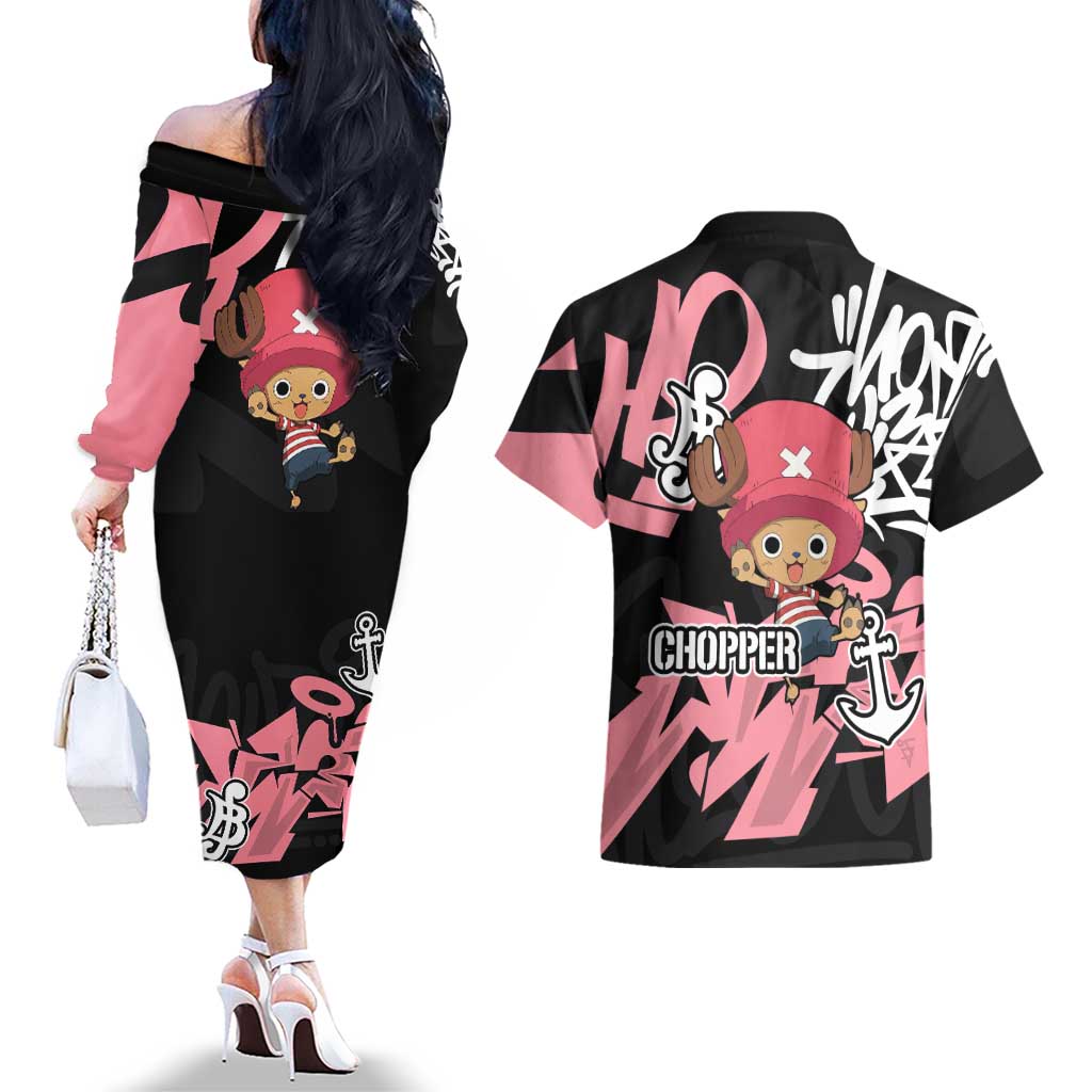 Tony Tony Chopper One Piece Couples Matching Off The Shoulder Long Sleeve Dress and Hawaiian Shirt Graffiti Street Art Anime Collage