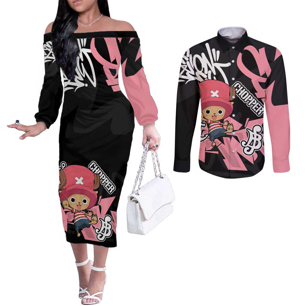 Tony Tony Chopper One Piece Couples Matching Off The Shoulder Long Sleeve Dress and Long Sleeve Button Shirt Graffiti Street Art Anime Collage