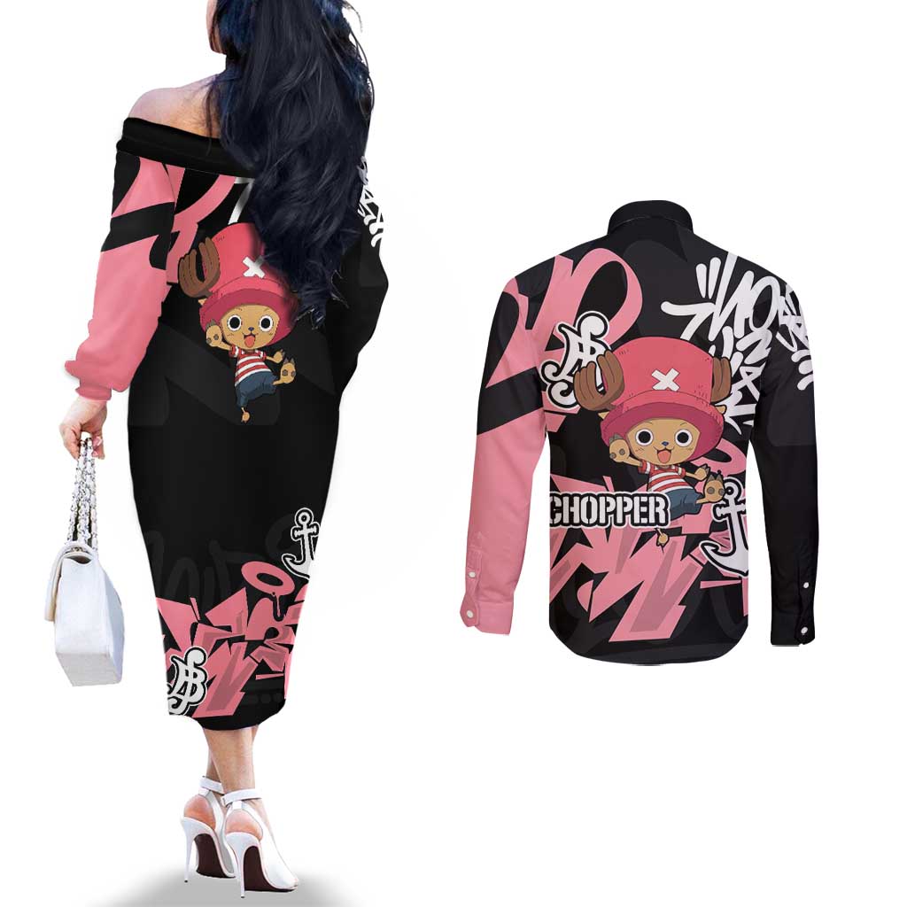 Tony Tony Chopper One Piece Couples Matching Off The Shoulder Long Sleeve Dress and Long Sleeve Button Shirt Graffiti Street Art Anime Collage