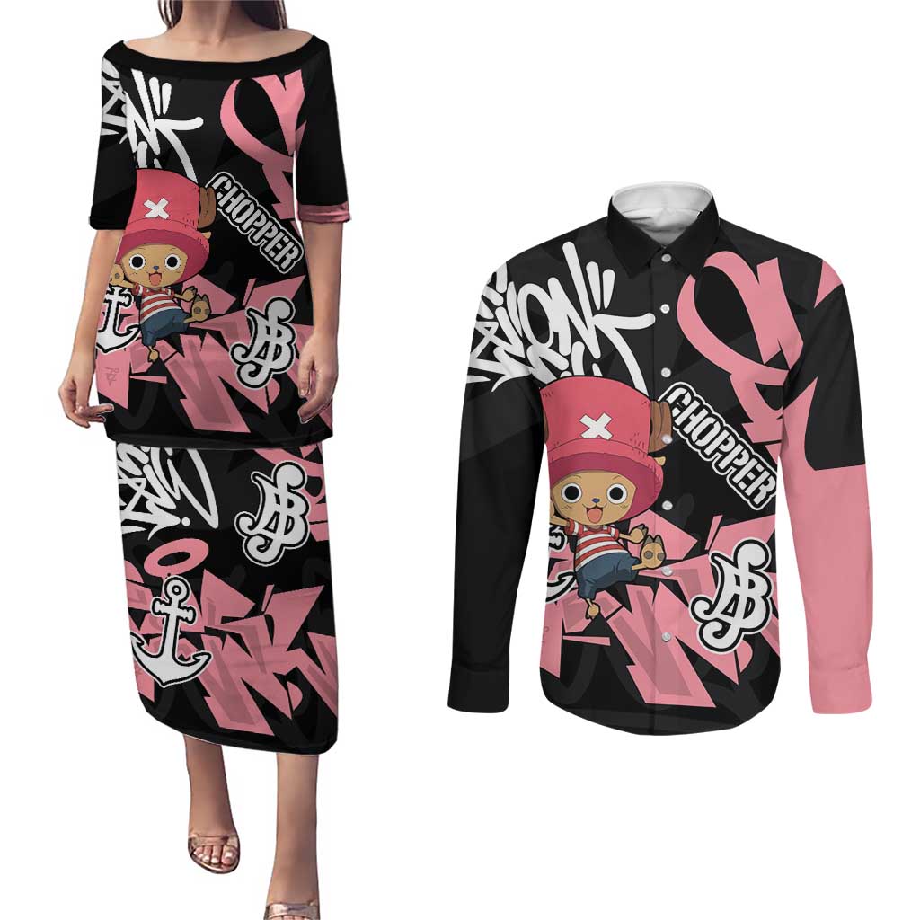 Tony Tony Chopper One Piece Couples Matching Puletasi and Long Sleeve Button Shirt Graffiti Street Art Anime Collage