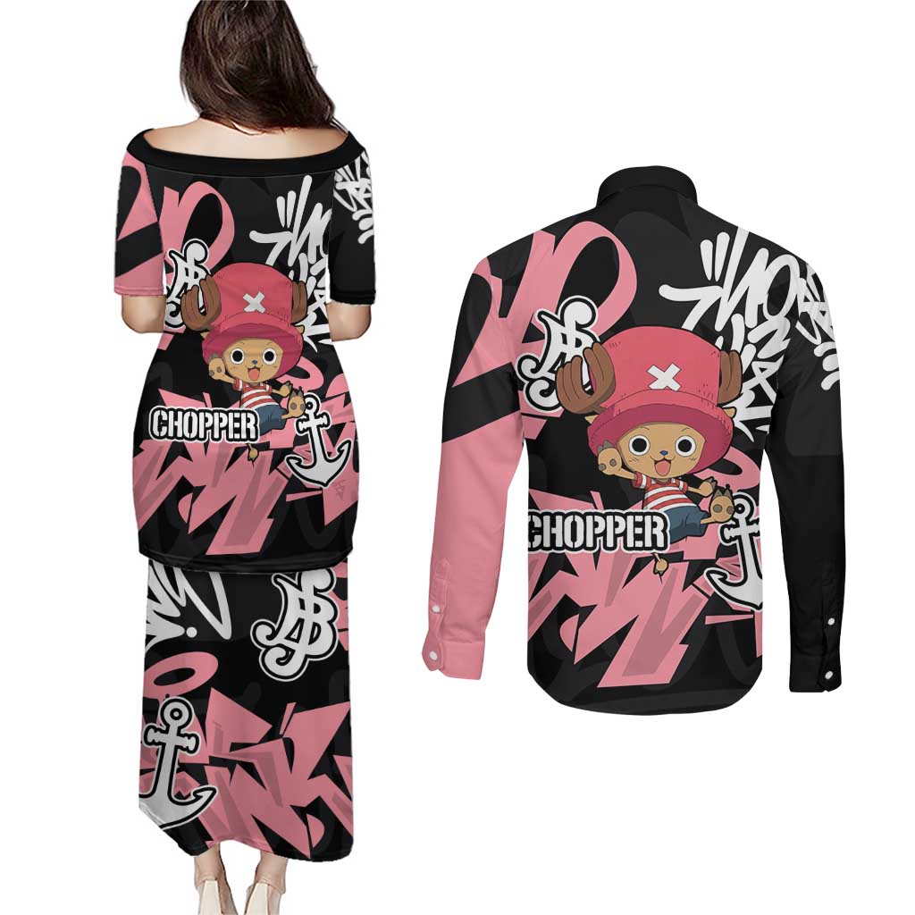 Tony Tony Chopper One Piece Couples Matching Puletasi and Long Sleeve Button Shirt Graffiti Street Art Anime Collage