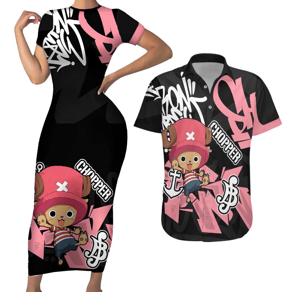 Tony Tony Chopper One Piece Couples Matching Short Sleeve Bodycon Dress and Hawaiian Shirt Graffiti Street Art Anime Collage