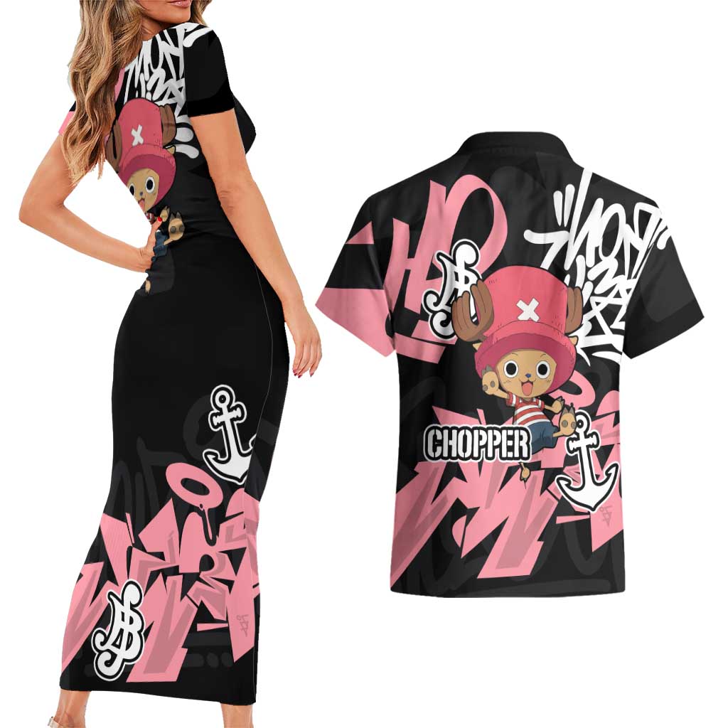Tony Tony Chopper One Piece Couples Matching Short Sleeve Bodycon Dress and Hawaiian Shirt Graffiti Street Art Anime Collage
