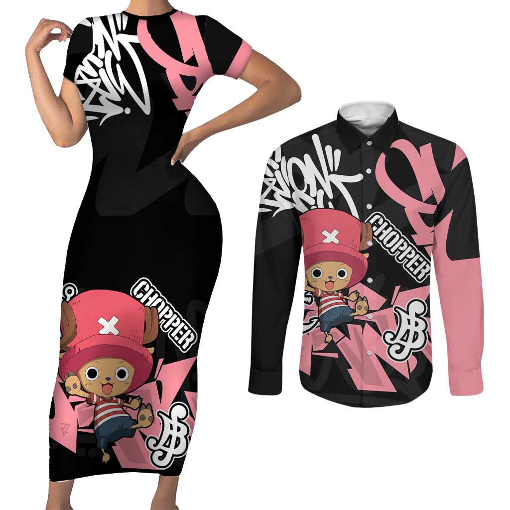 Tony Tony Chopper One Piece Couples Matching Short Sleeve Bodycon Dress and Long Sleeve Button Shirt Graffiti Street Art Anime Collage
