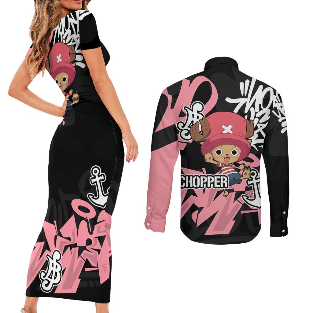 Tony Tony Chopper One Piece Couples Matching Short Sleeve Bodycon Dress and Long Sleeve Button Shirt Graffiti Street Art Anime Collage