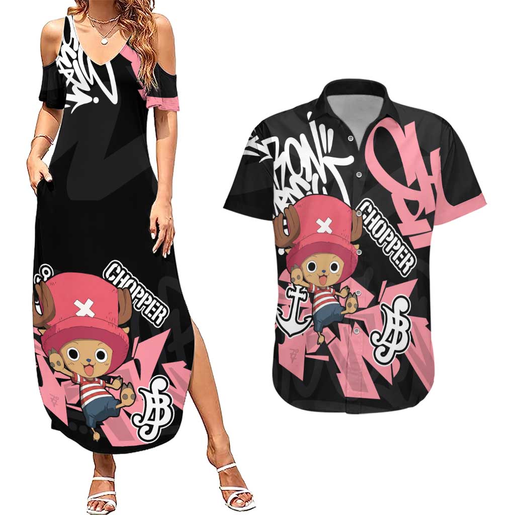 Tony Tony Chopper One Piece Couples Matching Summer Maxi Dress and Hawaiian Shirt Graffiti Street Art Anime Collage