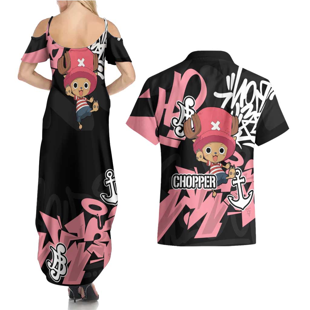Tony Tony Chopper One Piece Couples Matching Summer Maxi Dress and Hawaiian Shirt Graffiti Street Art Anime Collage