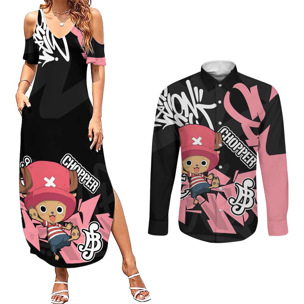 Tony Tony Chopper One Piece Couples Matching Summer Maxi Dress and Long Sleeve Button Shirt Graffiti Street Art Anime Collage