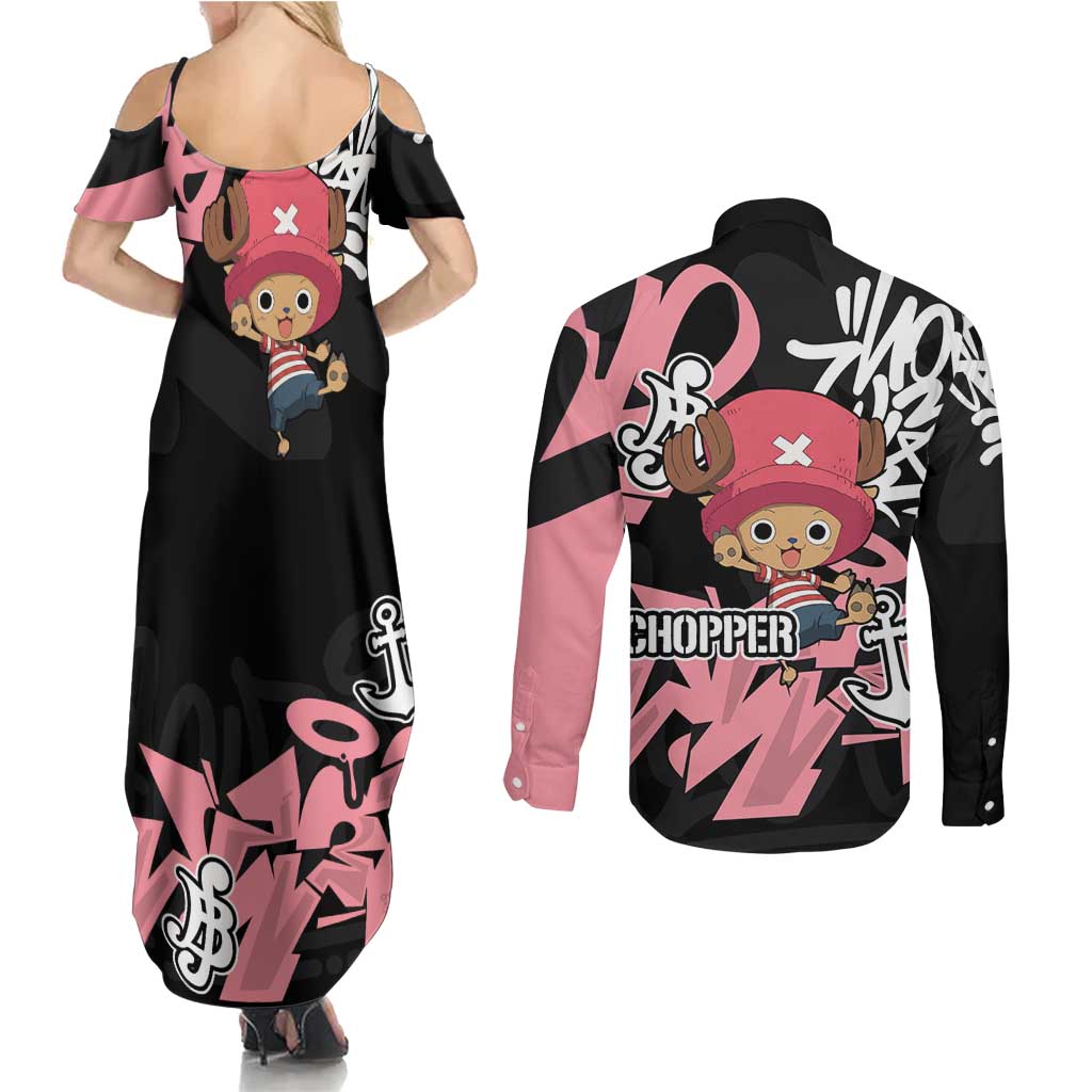 Tony Tony Chopper One Piece Couples Matching Summer Maxi Dress and Long Sleeve Button Shirt Graffiti Street Art Anime Collage