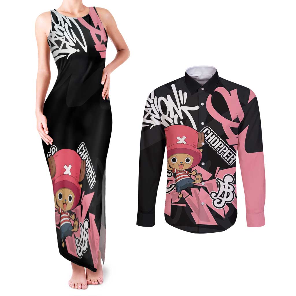 Tony Tony Chopper One Piece Couples Matching Tank Maxi Dress and Long Sleeve Button Shirt Graffiti Street Art Anime Collage
