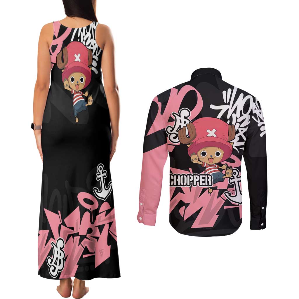 Tony Tony Chopper One Piece Couples Matching Tank Maxi Dress and Long Sleeve Button Shirt Graffiti Street Art Anime Collage
