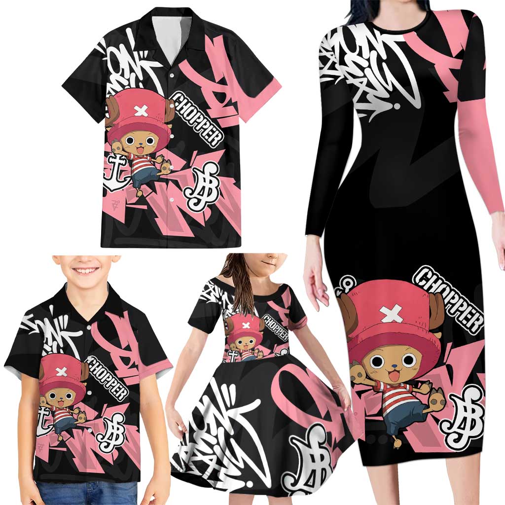 Tony Tony Chopper One Piece Family Matching Long Sleeve Bodycon Dress and Hawaiian Shirt Graffiti Street Art Anime Collage