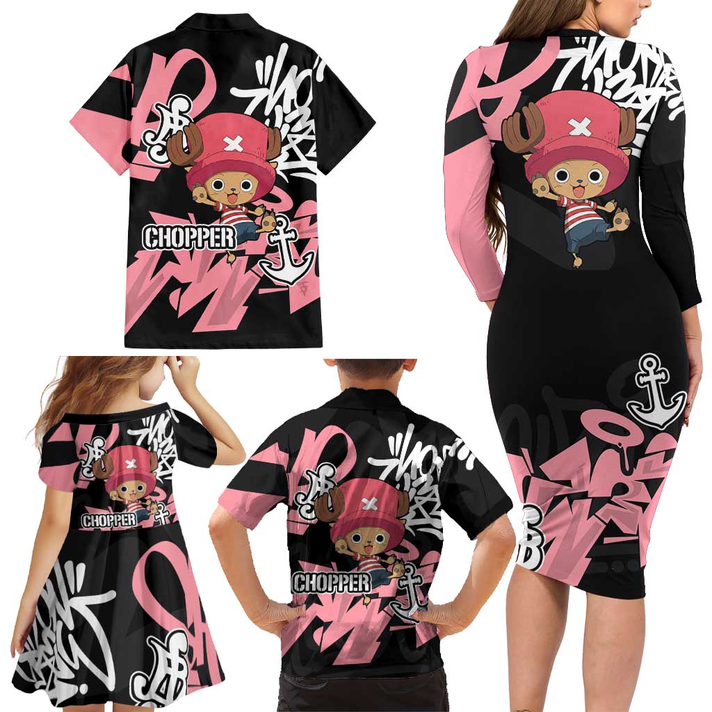 Tony Tony Chopper One Piece Family Matching Long Sleeve Bodycon Dress and Hawaiian Shirt Graffiti Street Art Anime Collage
