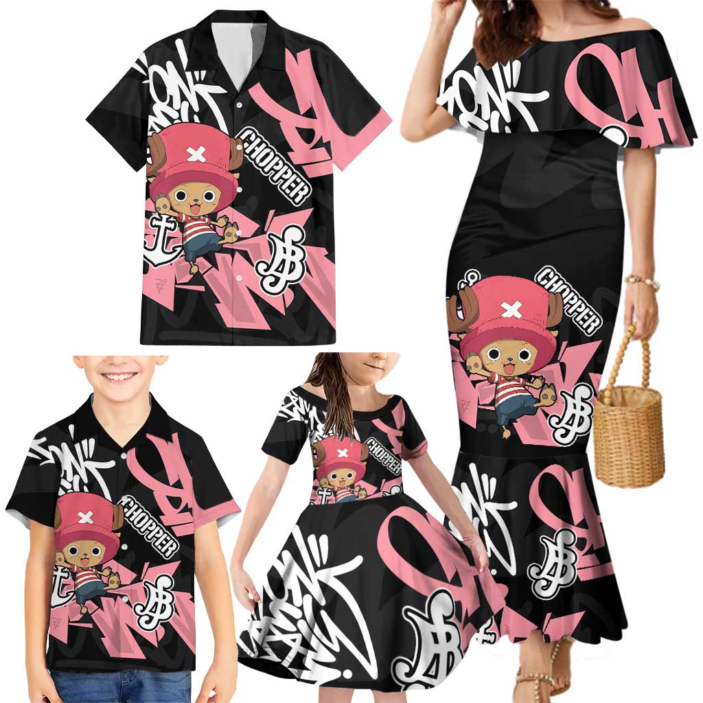 Tony Tony Chopper One Piece Family Matching Mermaid Dress and Hawaiian Shirt Graffiti Street Art Anime Collage