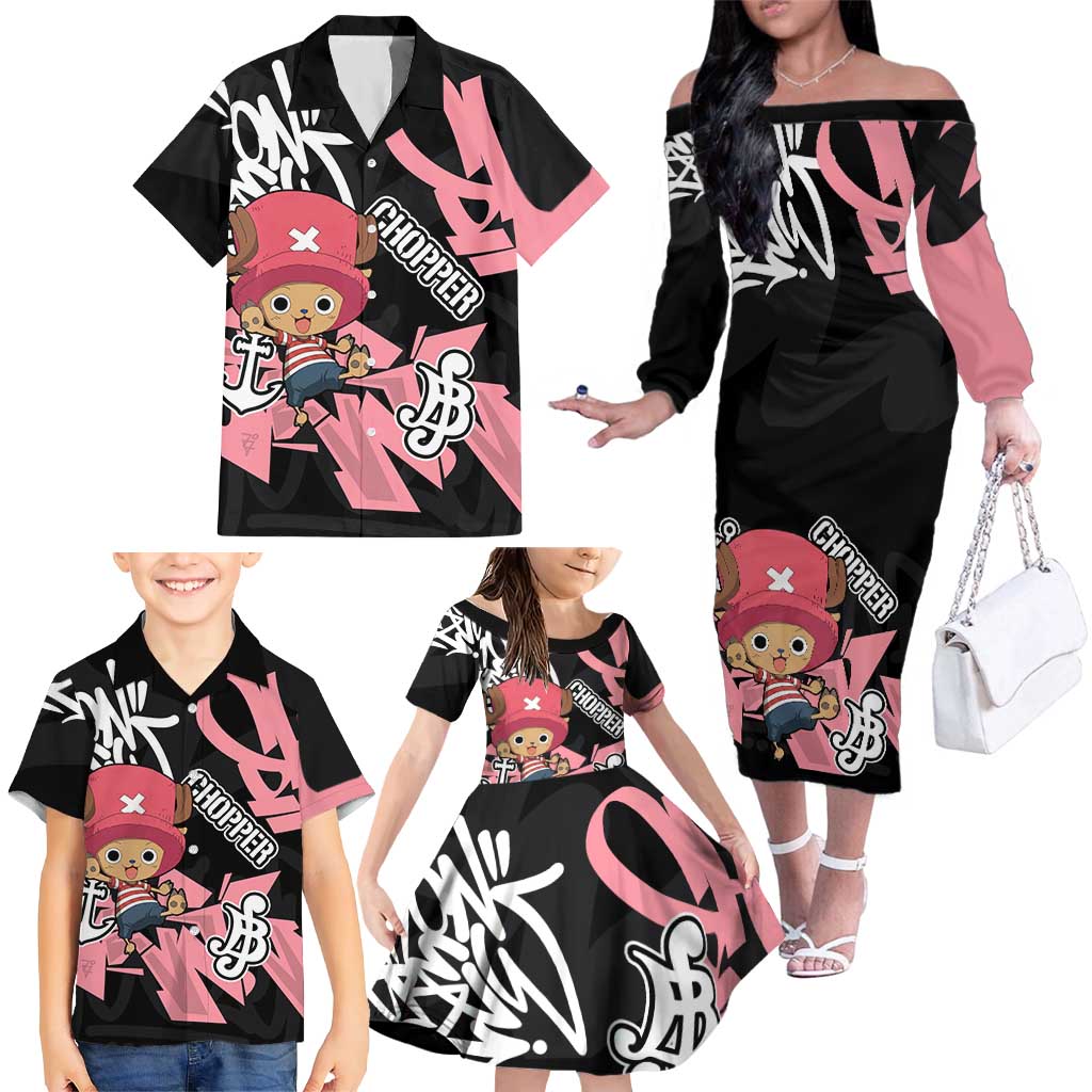 Tony Tony Chopper One Piece Family Matching Off The Shoulder Long Sleeve Dress and Hawaiian Shirt Graffiti Street Art Anime Collage