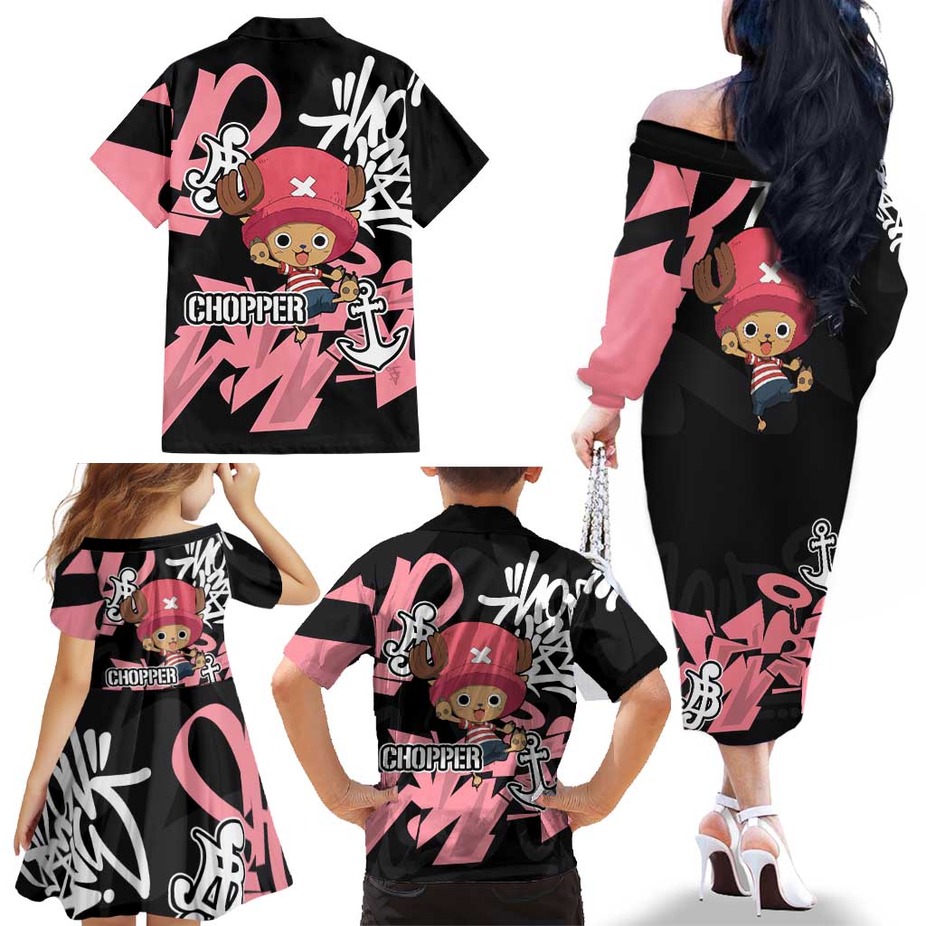 Tony Tony Chopper One Piece Family Matching Off The Shoulder Long Sleeve Dress and Hawaiian Shirt Graffiti Street Art Anime Collage