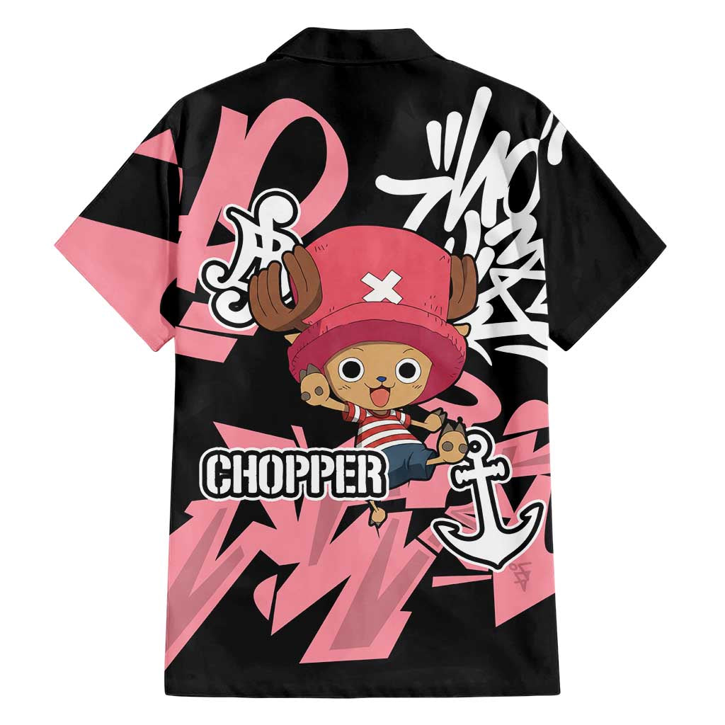 Tony Tony Chopper One Piece Family Matching Off The Shoulder Long Sleeve Dress and Hawaiian Shirt Graffiti Street Art Anime Collage