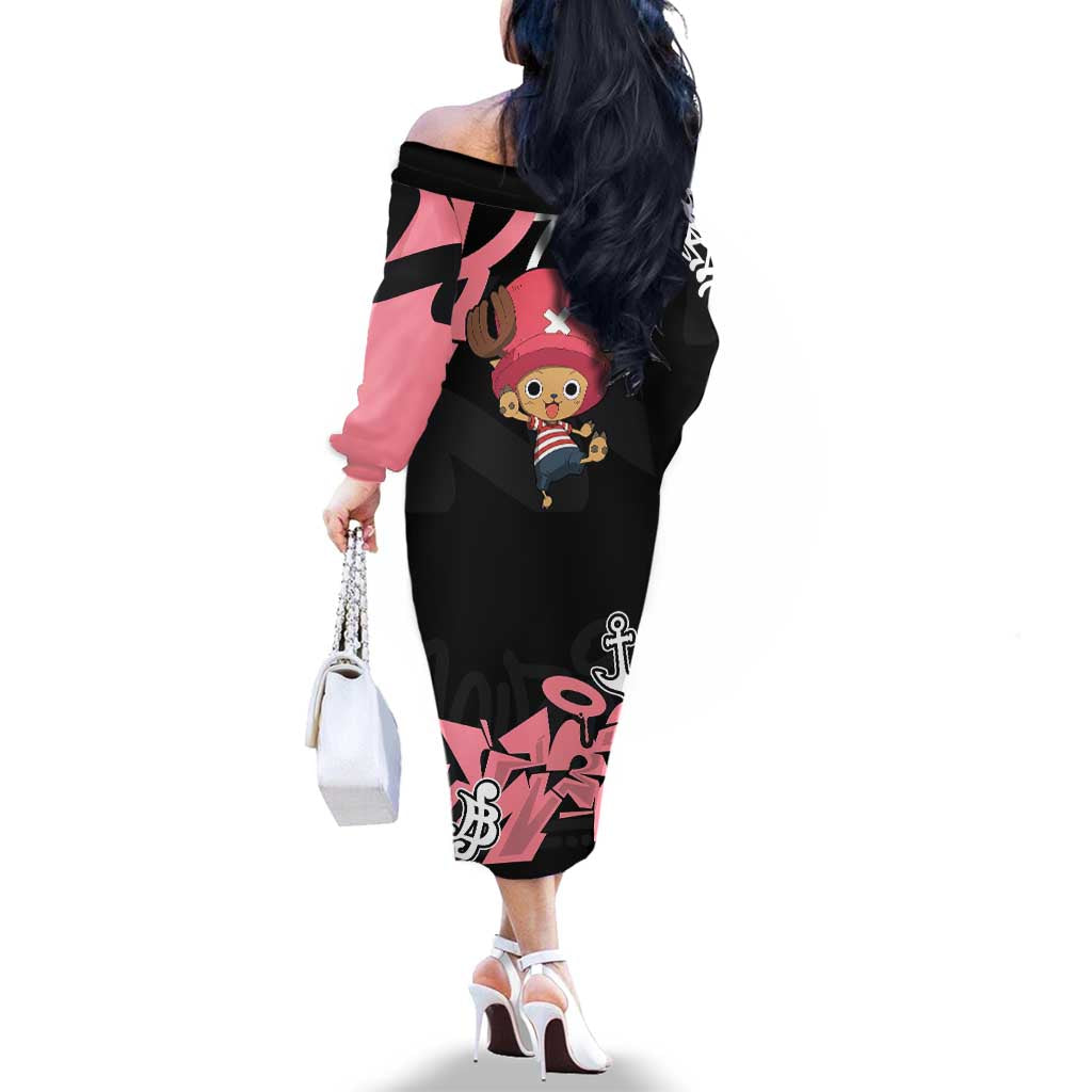 Tony Tony Chopper One Piece Family Matching Off The Shoulder Long Sleeve Dress and Hawaiian Shirt Graffiti Street Art Anime Collage