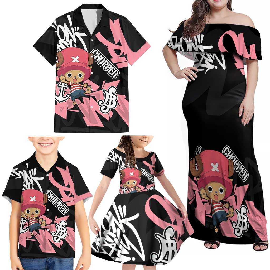 Tony Tony Chopper One Piece Family Matching Off Shoulder Maxi Dress and Hawaiian Shirt Graffiti Street Art Anime Collage