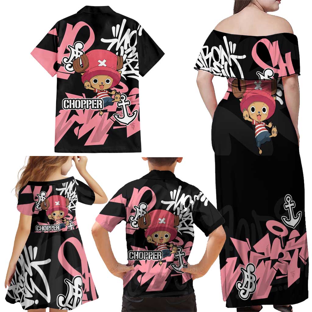 Tony Tony Chopper One Piece Family Matching Off Shoulder Maxi Dress and Hawaiian Shirt Graffiti Street Art Anime Collage