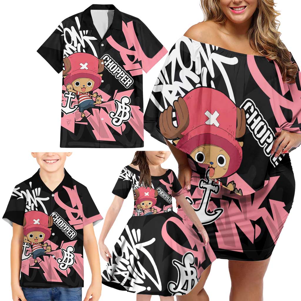 Tony Tony Chopper One Piece Family Matching Off Shoulder Short Dress and Hawaiian Shirt Graffiti Street Art Anime Collage
