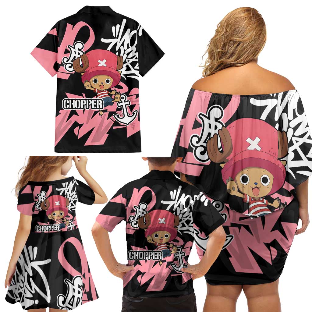 Tony Tony Chopper One Piece Family Matching Off Shoulder Short Dress and Hawaiian Shirt Graffiti Street Art Anime Collage